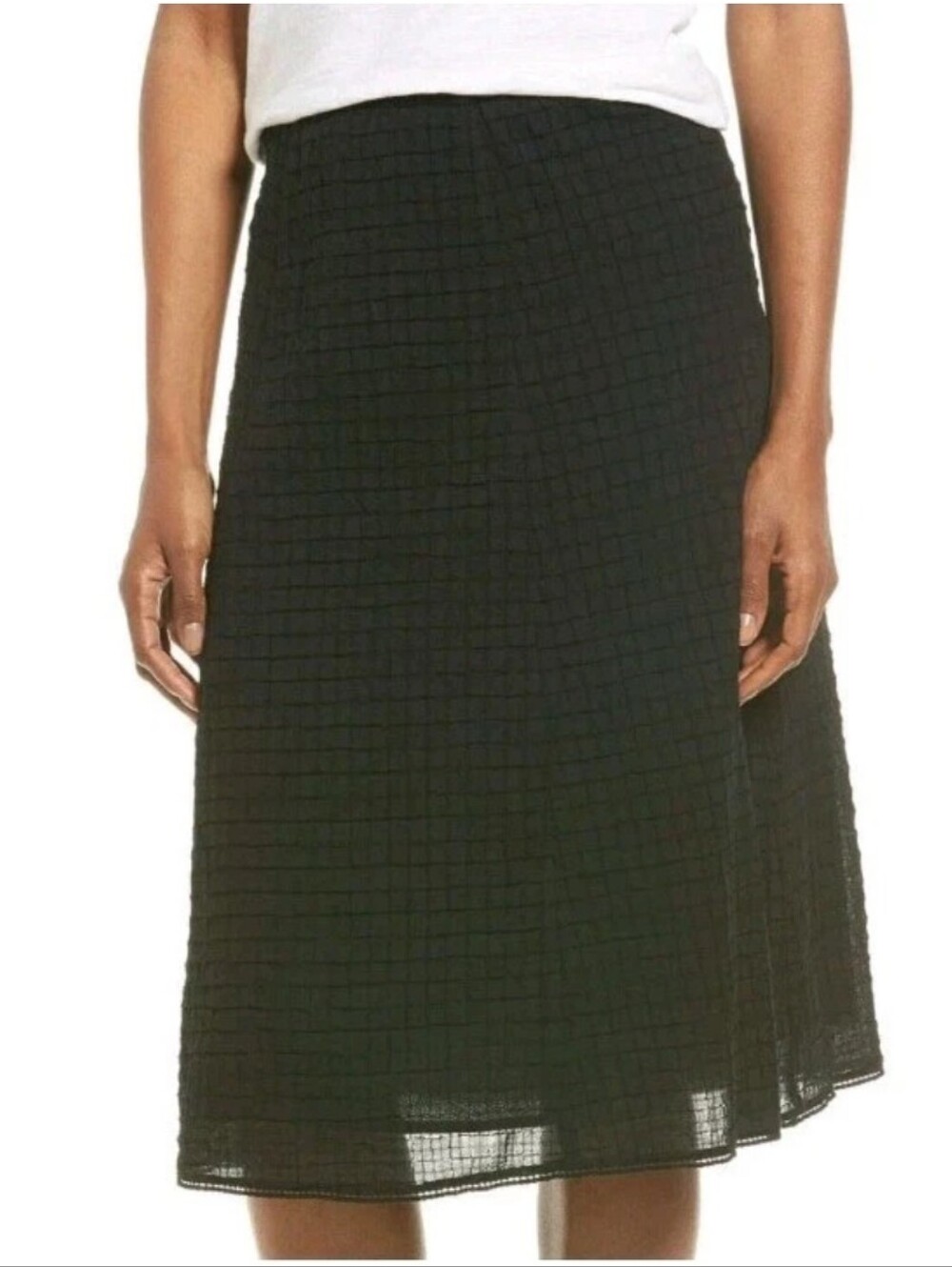Eileen Fisher Full Skirt Small Black Grid Textured Voil Box Organic Cotton Nwt